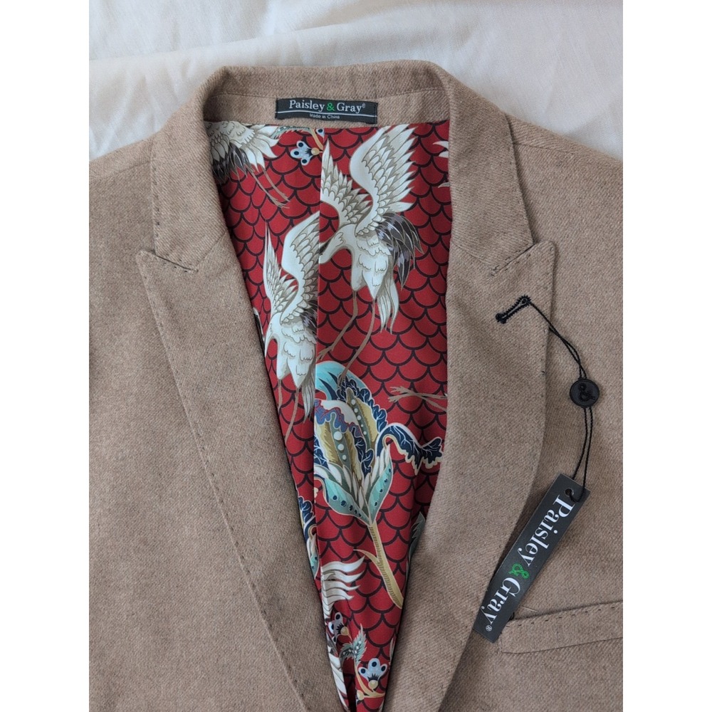 Paisley‎ & Gray Mens Peak Slim Fit Asian Bird Lined Blazer Size 46R Beige NWT - Picture 6 of 12